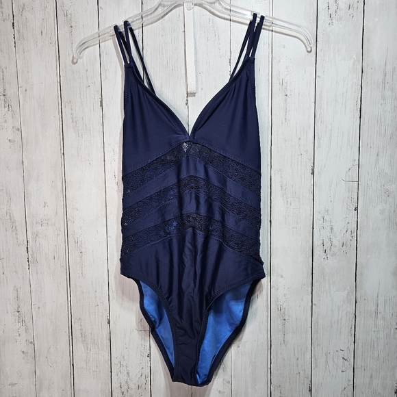 Mossimo High Waist One Piece Swimsuit Lace Inset V-Neck Strappy Back Size XL. - Picture 2 of 10